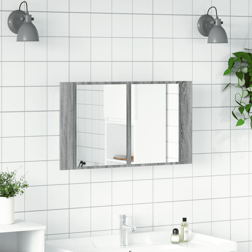 vidaXL Szafka łazienkowa z lustrem i LED, szary dąb 80x12x45 cm, akryl