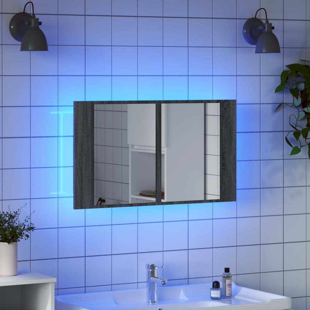 vidaXL Szafka łazienkowa z lustrem i LED, szary dąb 80x12x45 cm, akryl