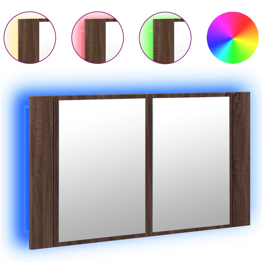 vidaXL Szafka łazienkowa z lustrem i LED, brązowy dąb, 80x12x45, akryl