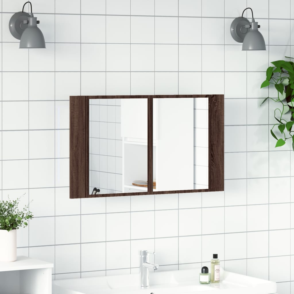 vidaXL Szafka łazienkowa z lustrem i LED, brązowy dąb, 80x12x45, akryl