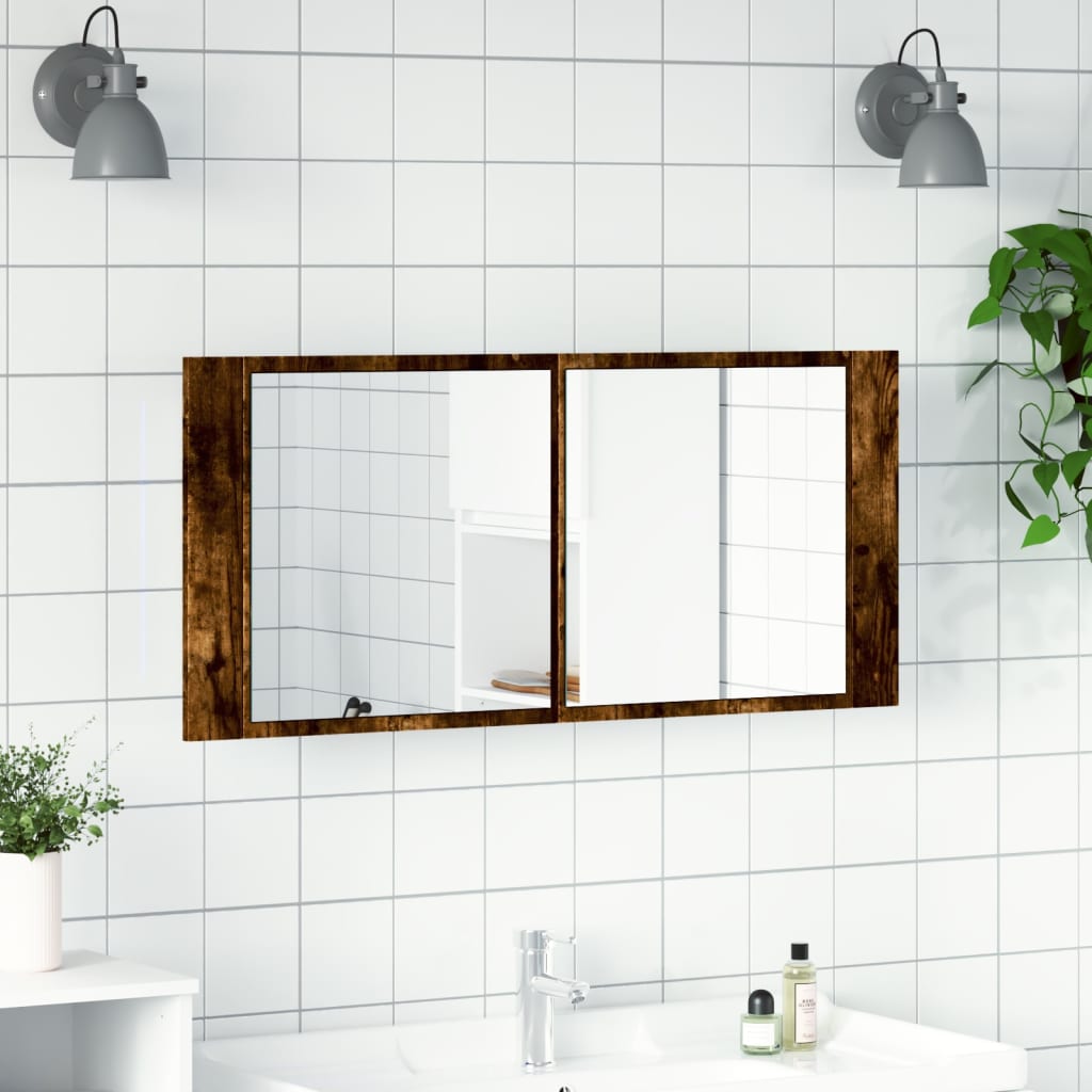 vidaXL Szafka łazienkowa z lustrem i LED, przydymiony dąb, 100x12x45cm