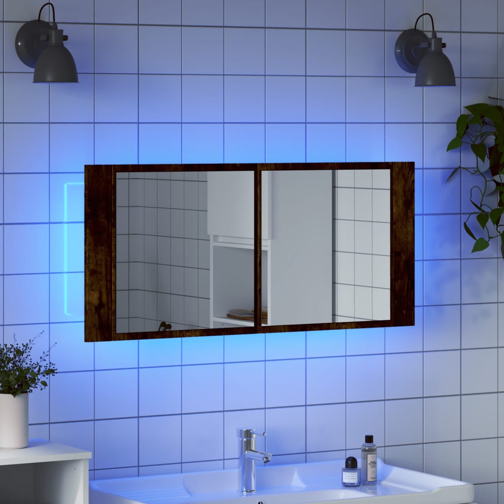 vidaXL Szafka łazienkowa z lustrem i LED, przydymiony dąb, 100x12x45cm