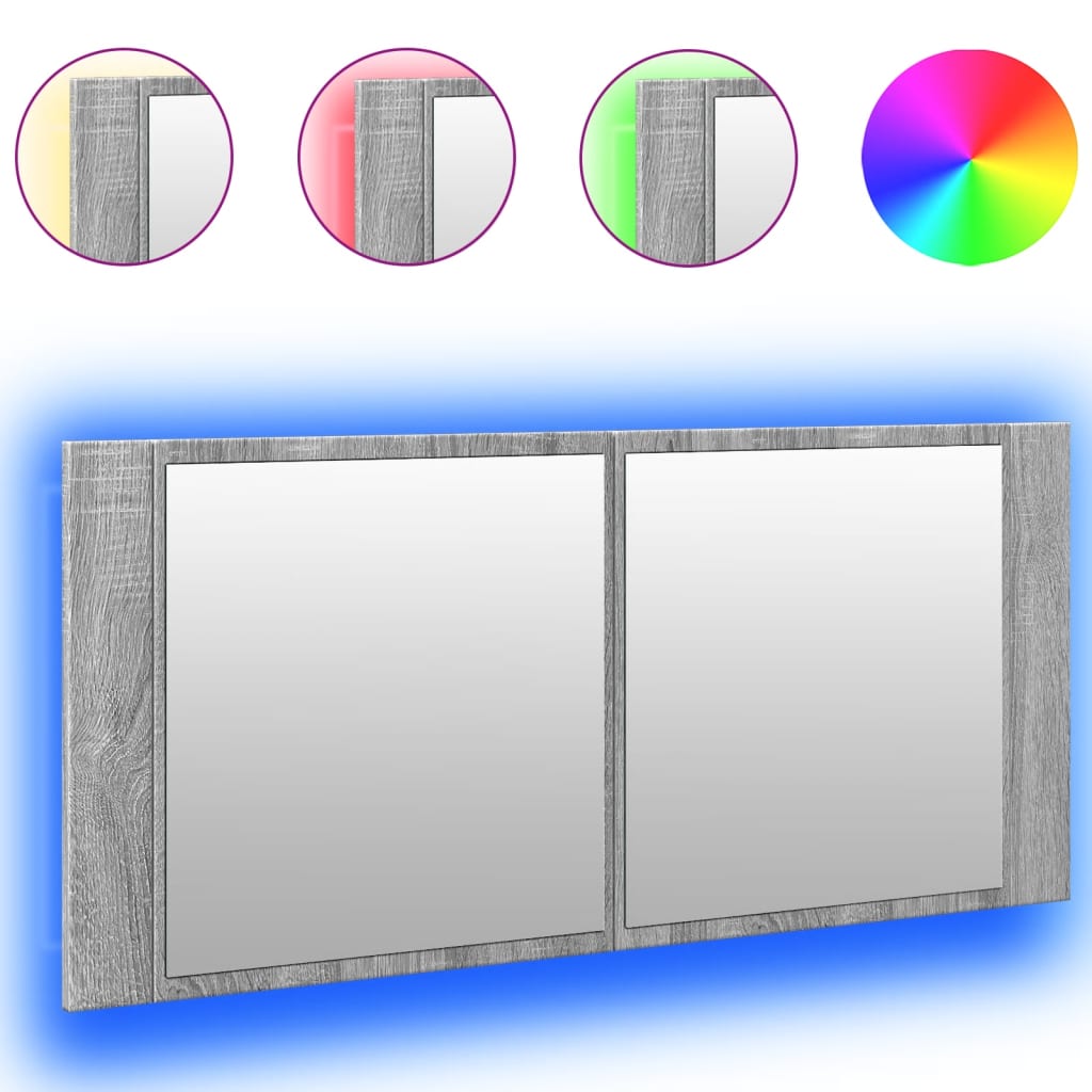 vidaXL Szafka łazienkowa z lustrem i LED, szary dąb, 100x12x45 cm