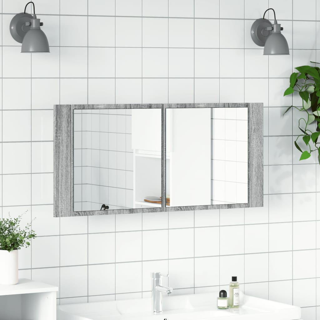 vidaXL Szafka łazienkowa z lustrem i LED, szary dąb, 100x12x45 cm