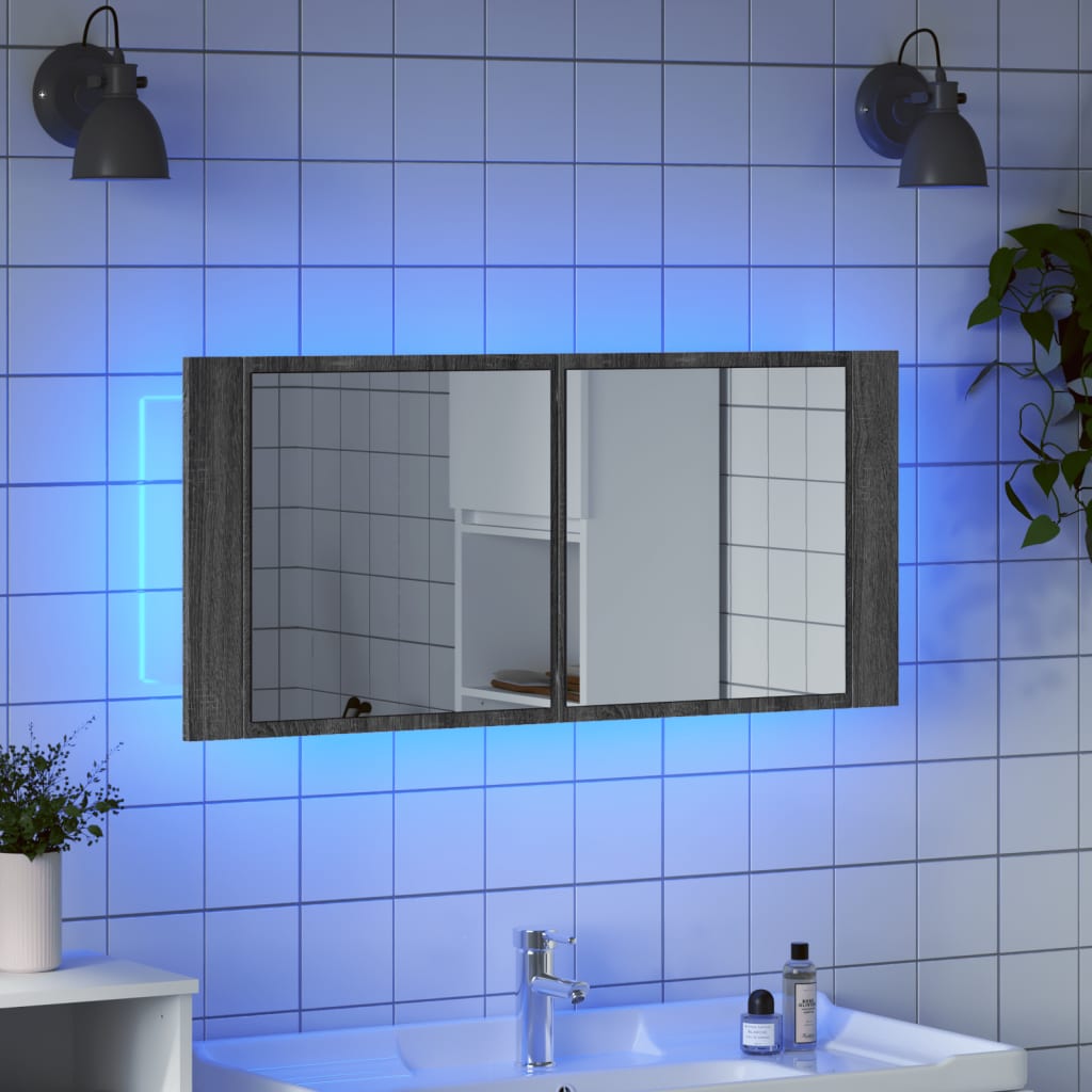 vidaXL Szafka łazienkowa z lustrem i LED, szary dąb, 100x12x45 cm