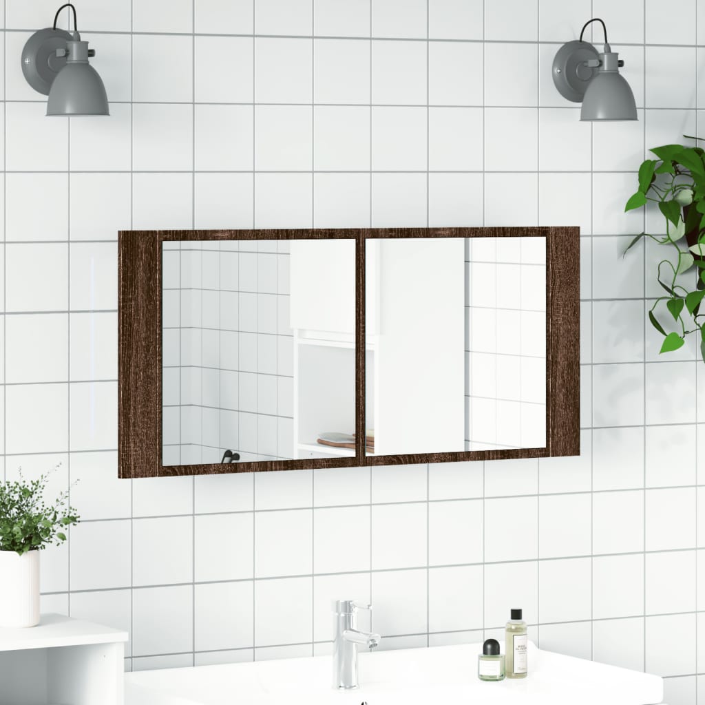 vidaXL Szafka łazienkowa z lustrem i LED, brązowy dąb, 100x12x45 cm
