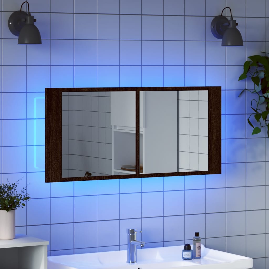 vidaXL Szafka łazienkowa z lustrem i LED, brązowy dąb, 100x12x45 cm