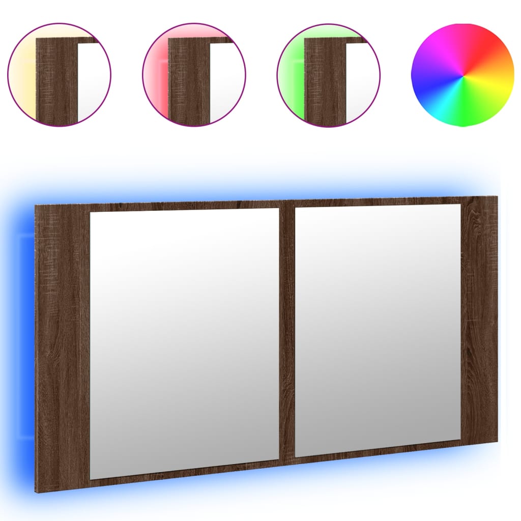 vidaXL Szafka łazienkowa z lustrem i LED, brązowy dąb, 90x12x45, akryl