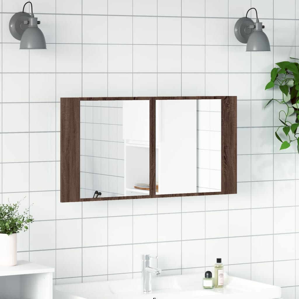 vidaXL Szafka łazienkowa z lustrem i LED, brązowy dąb, 90x12x45, akryl