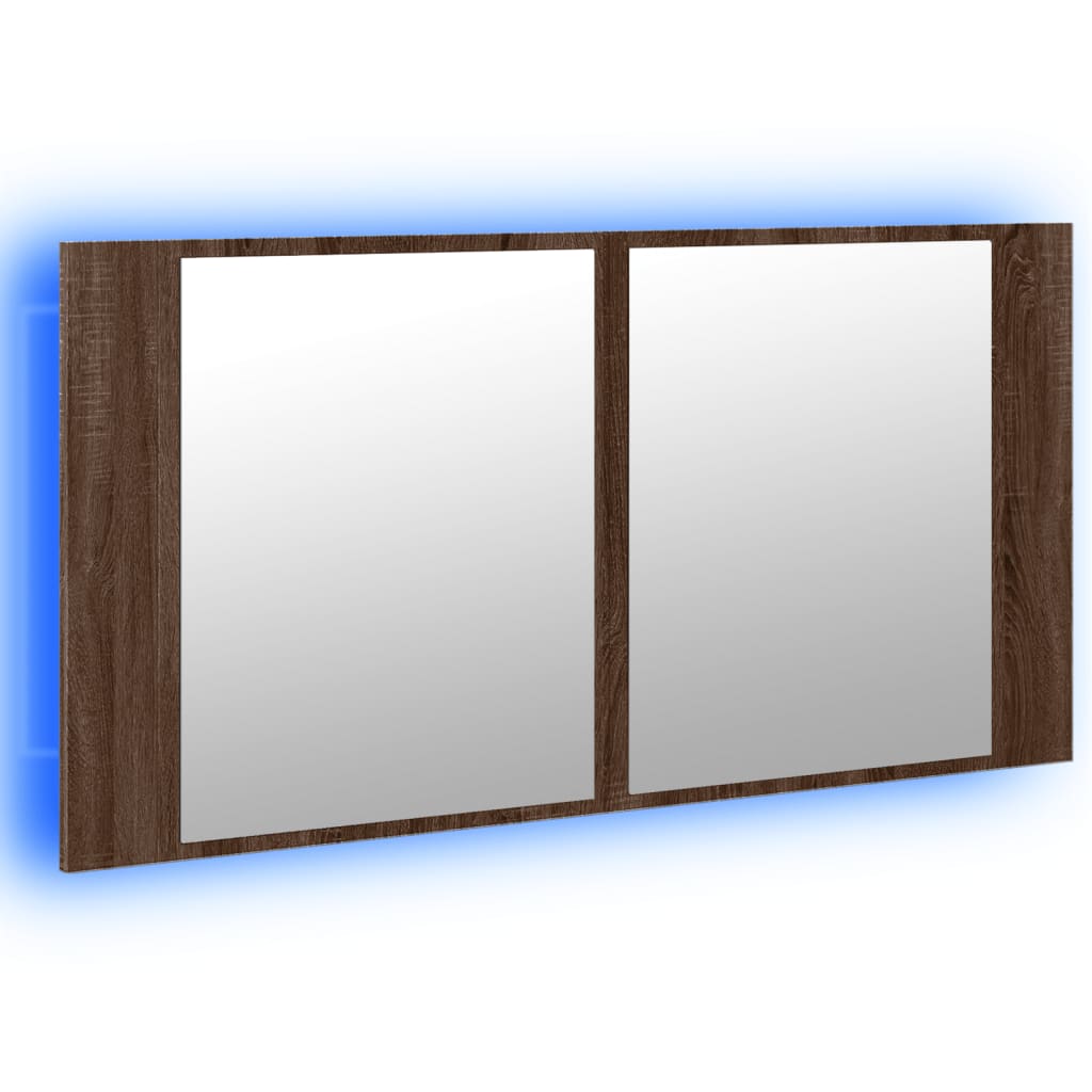 vidaXL Szafka łazienkowa z lustrem i LED, brązowy dąb, 90x12x45, akryl