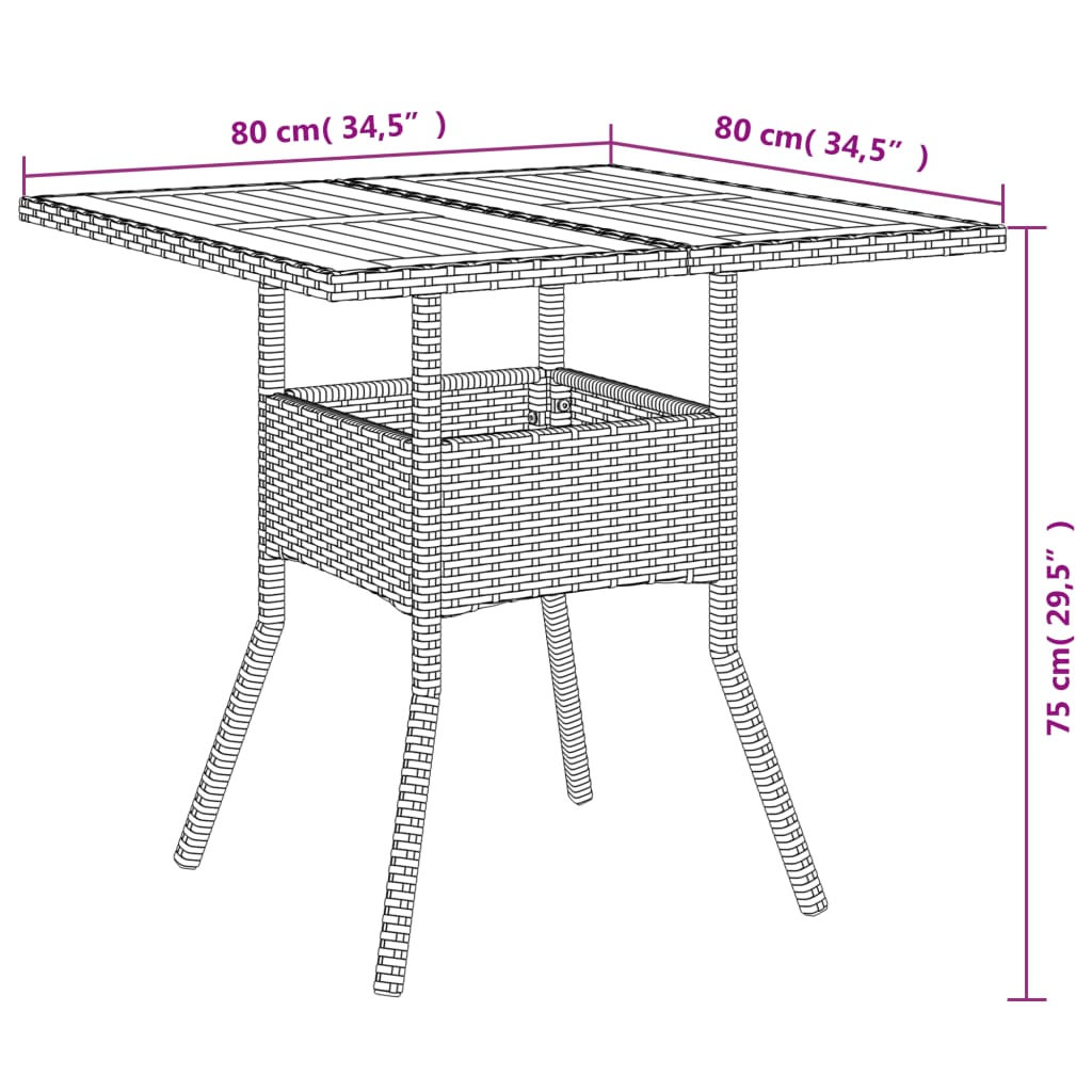 vidaXL Stół ogrodowy z akacjowym blatem, czarny, 80x80x75cm, rattan PE
