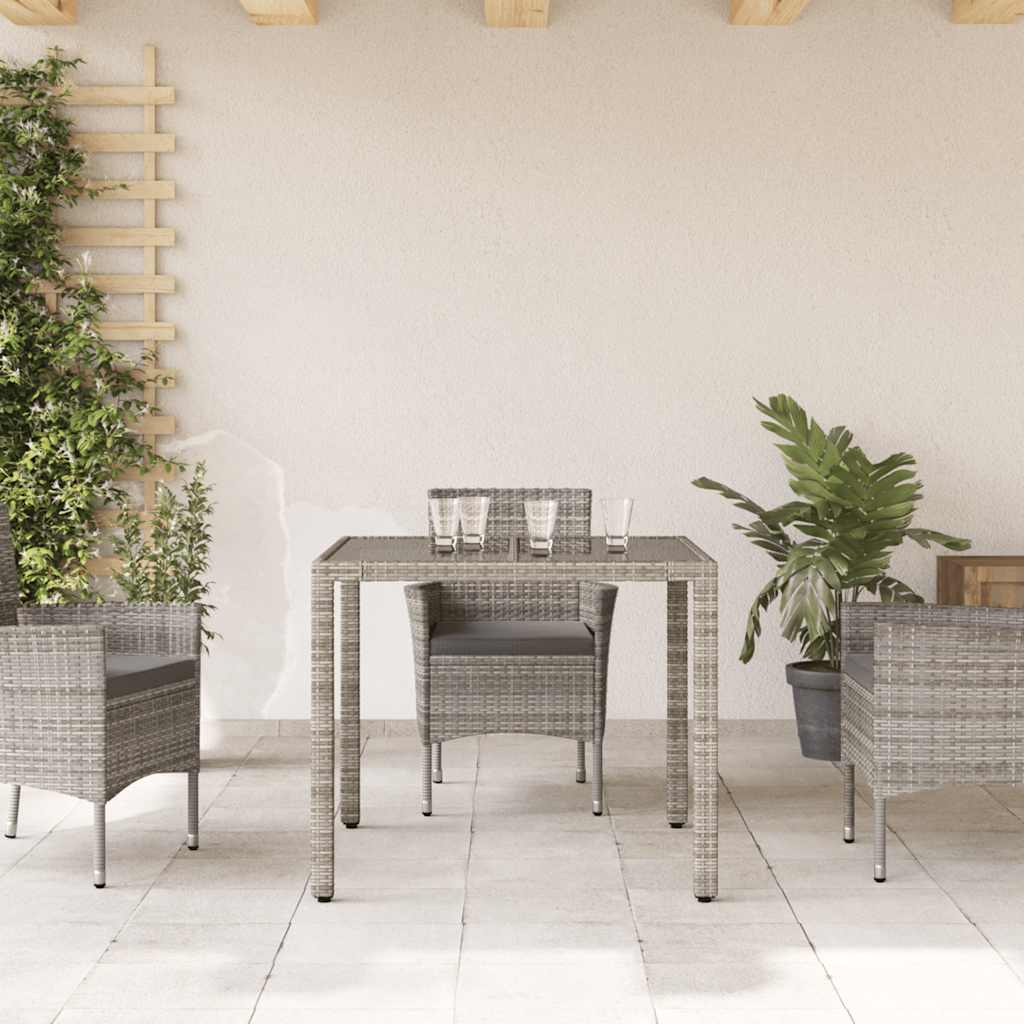 vidaXL Stół ogrodowy ze szklanym blatem, szary, 90x90x75 cm, rattan PE