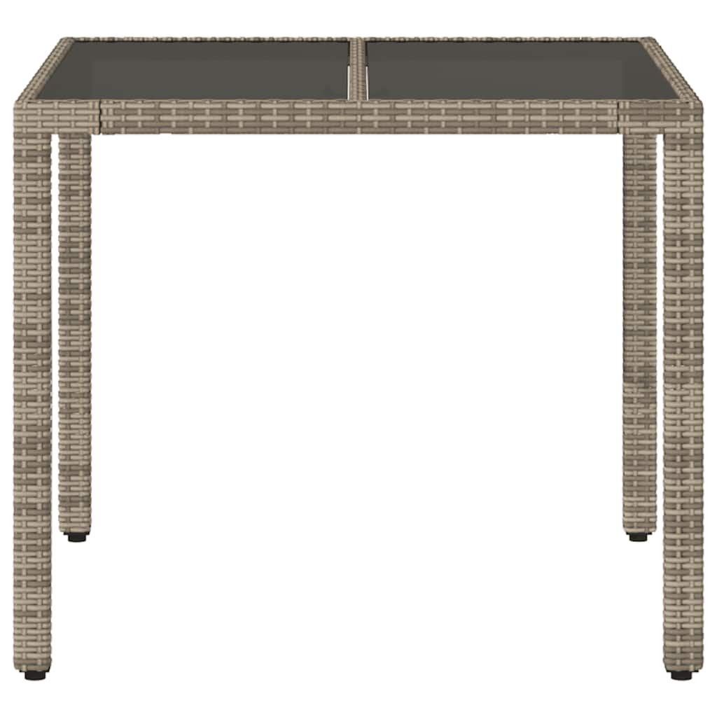 vidaXL Stół ogrodowy ze szklanym blatem, szary, 90x90x75 cm, rattan PE