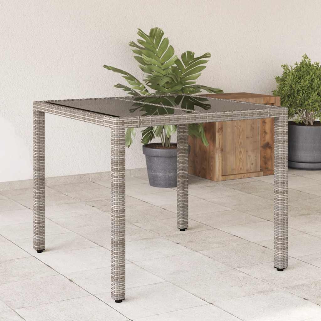 vidaXL Stół ogrodowy ze szklanym blatem, szary, 90x90x75 cm, rattan PE