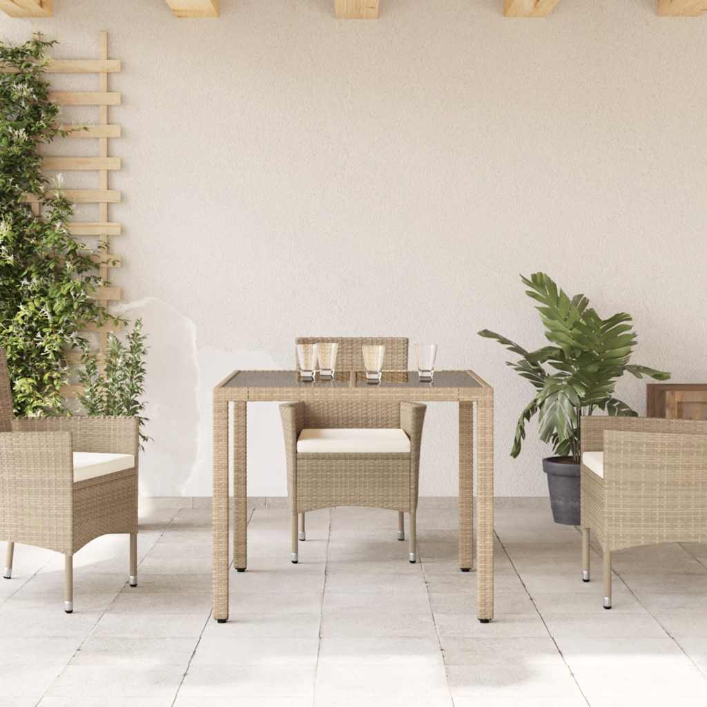 vidaXL Stół ogrodowy ze szklanym blatem, beż, 90x90x75 cm, polirattan