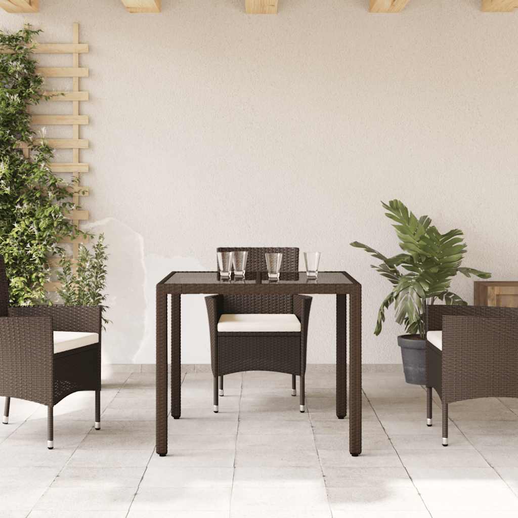 vidaXL Stół ogrodowy ze szklanym blatem, brąz, 90x90x75 cm, polirattan