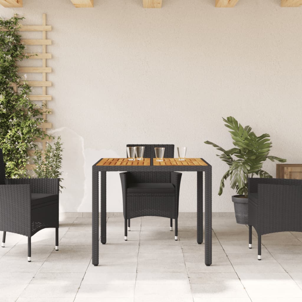 vidaXL Stół ogrodowy z akacjowym blatem, czarny, 90x90x75cm, rattan PE