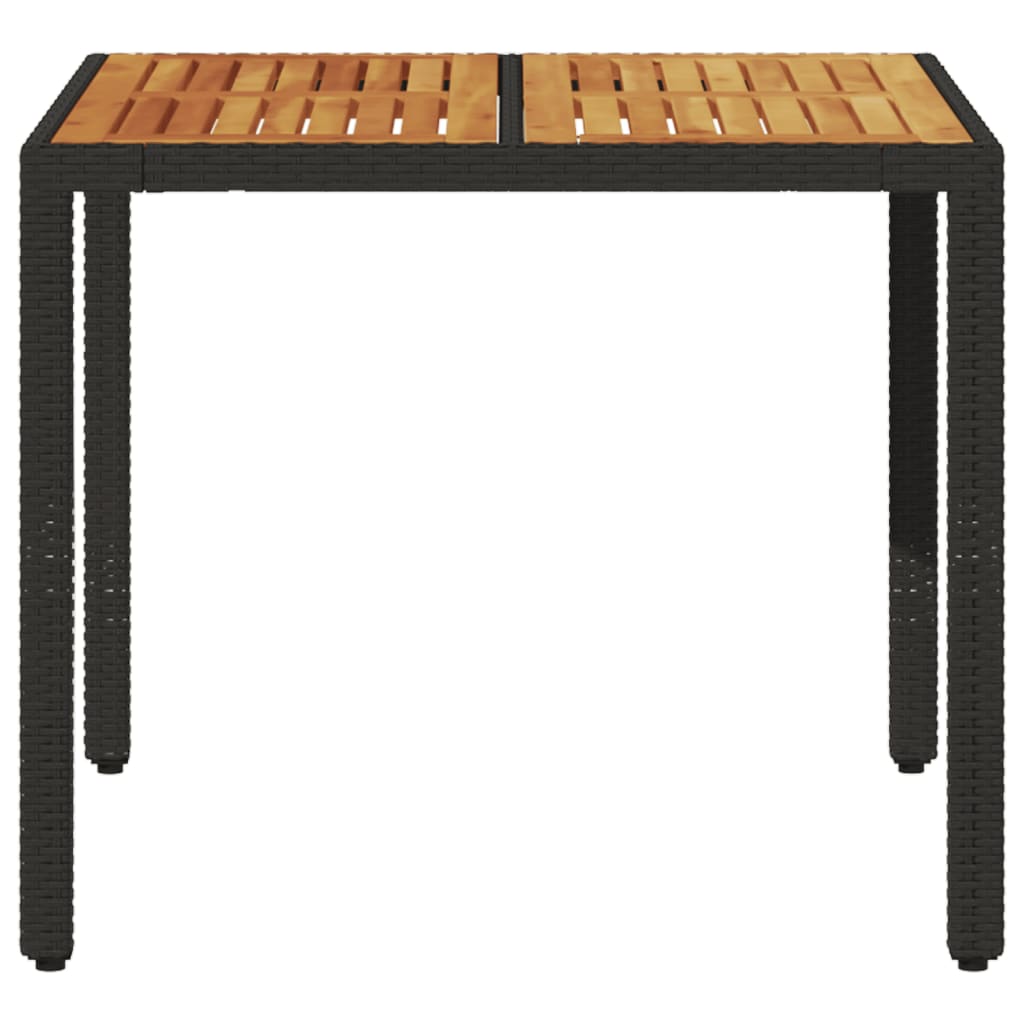 vidaXL Stół ogrodowy z akacjowym blatem, czarny, 90x90x75cm, rattan PE