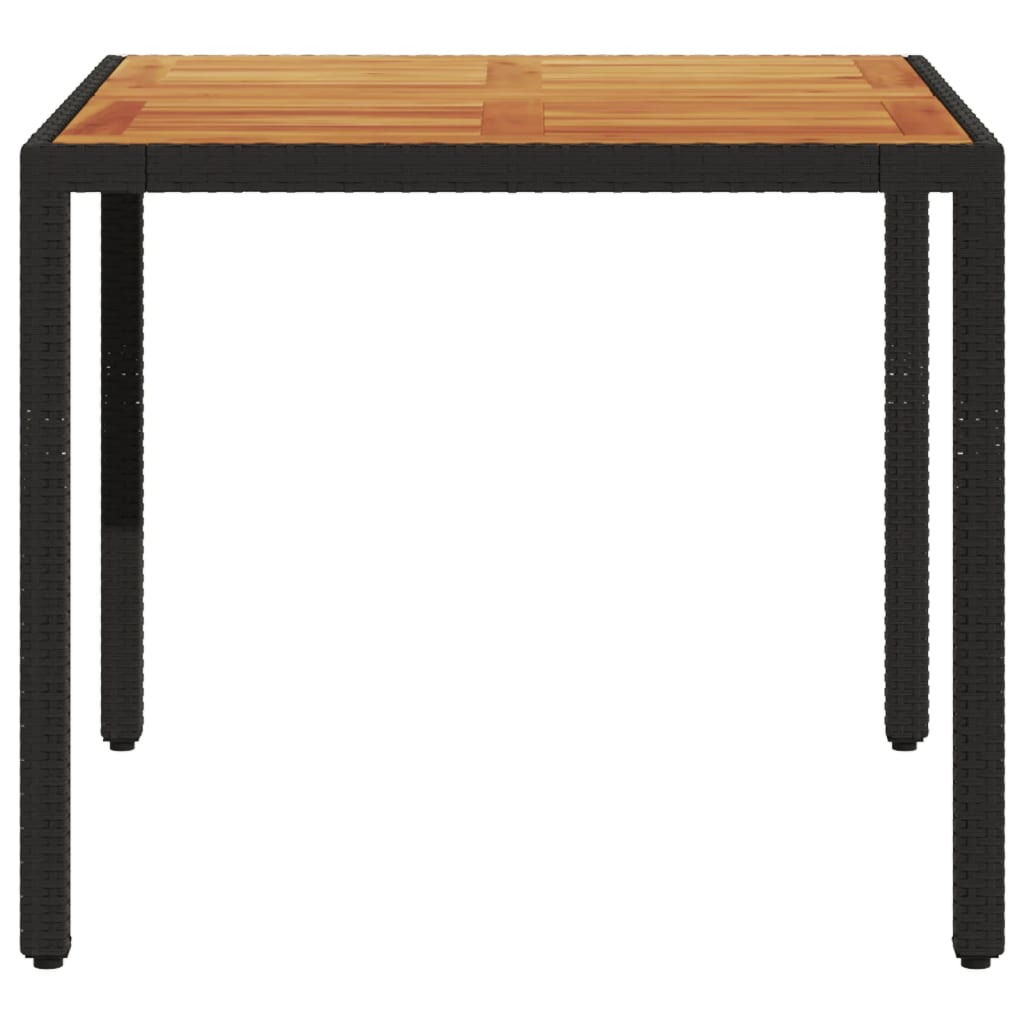 vidaXL Stół ogrodowy z akacjowym blatem, czarny, 90x90x75cm, rattan PE