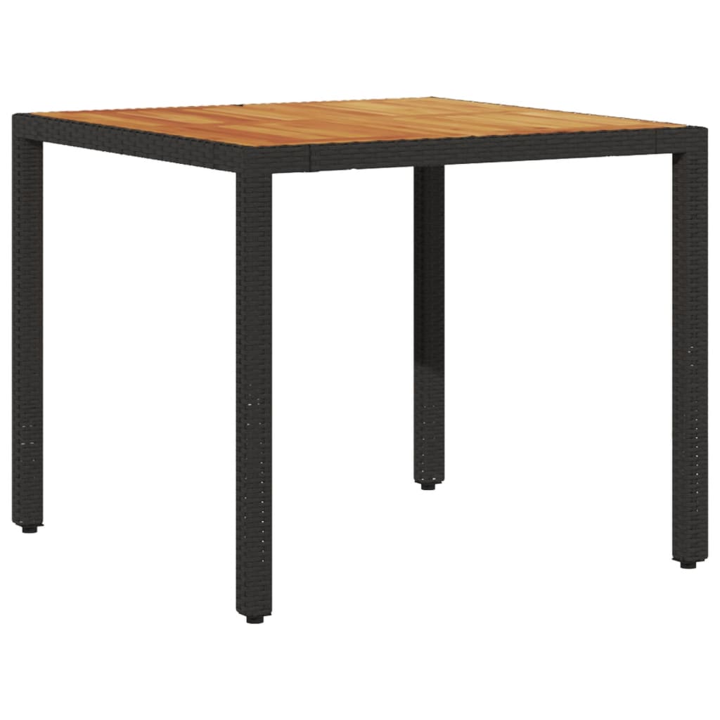 vidaXL Stół ogrodowy z akacjowym blatem, czarny, 90x90x75cm, rattan PE
