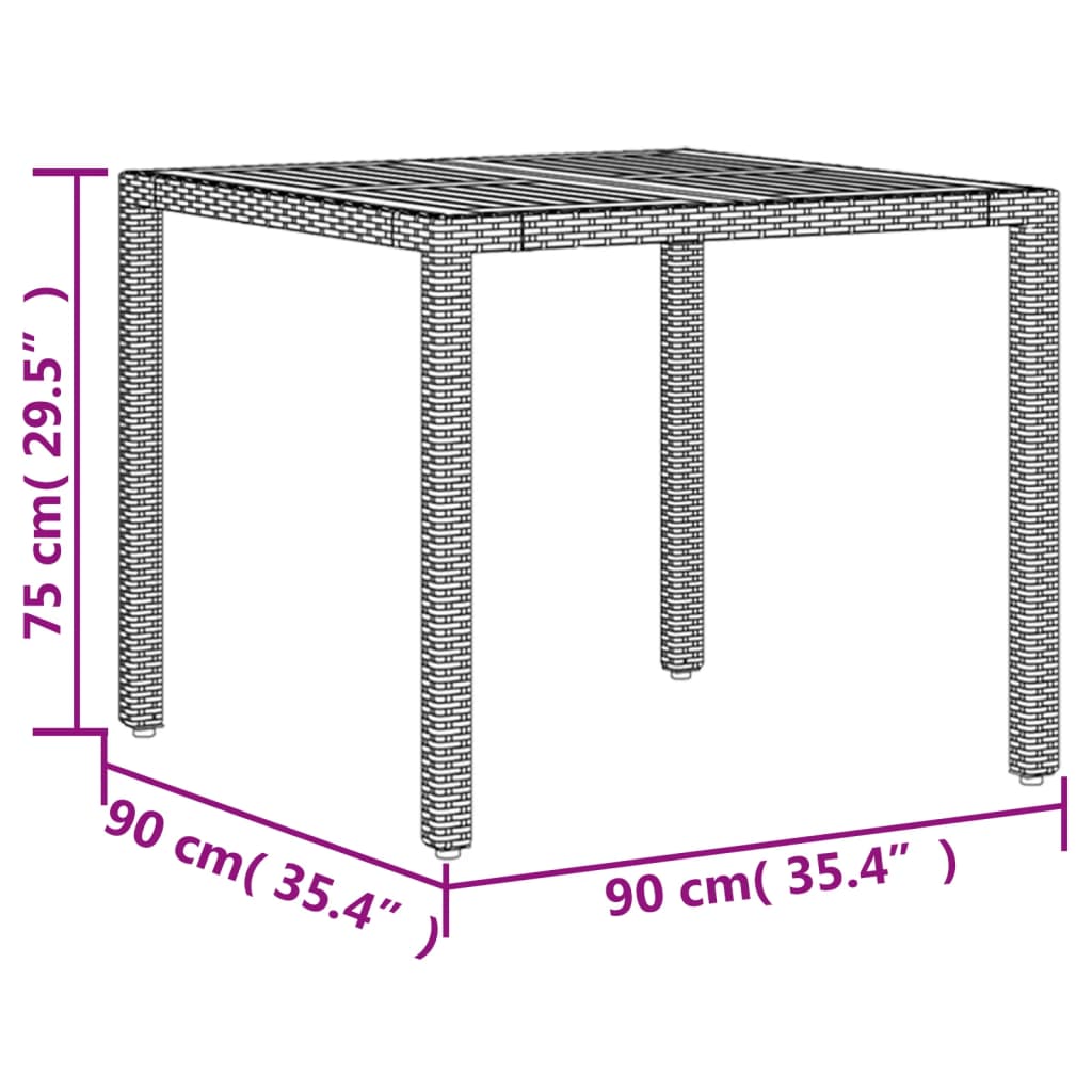 vidaXL Stół ogrodowy z akacjowym blatem, czarny, 90x90x75cm, rattan PE