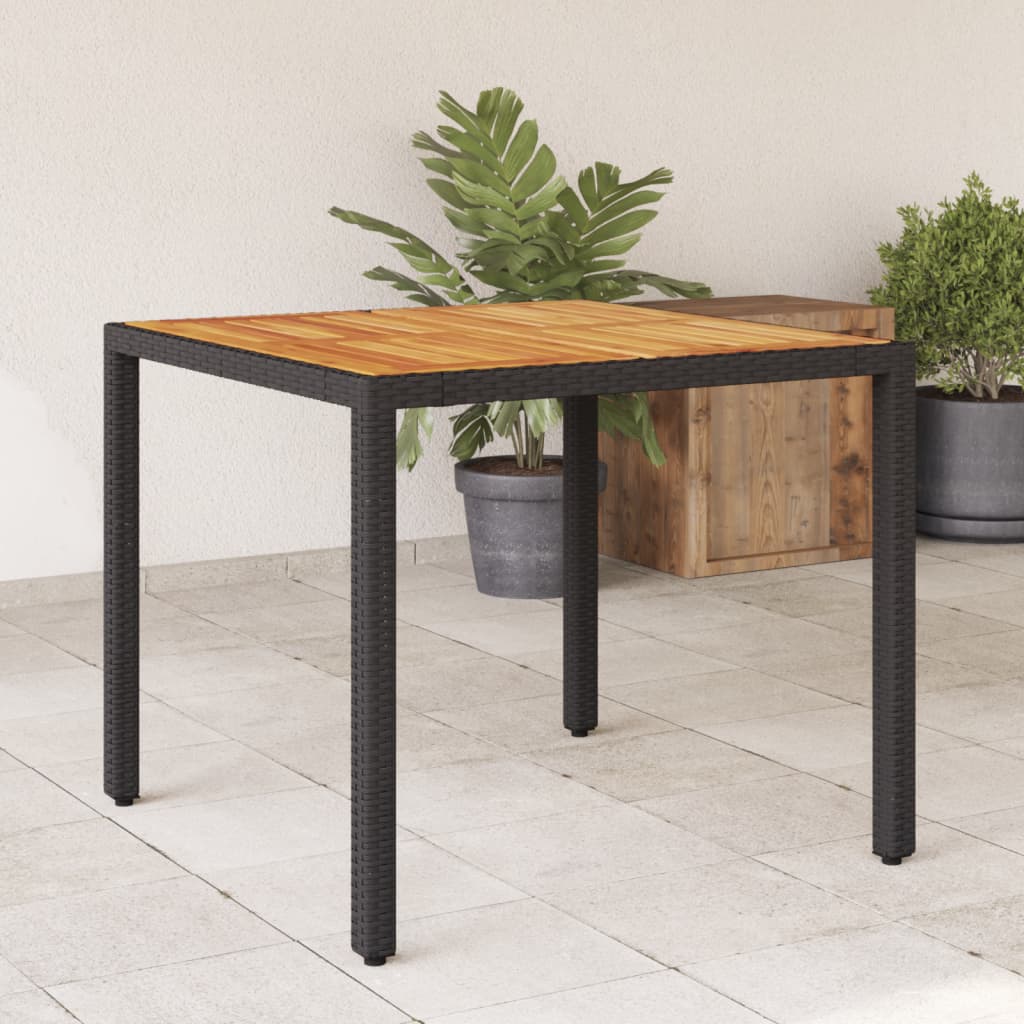 vidaXL Stół ogrodowy z akacjowym blatem, czarny, 90x90x75cm, rattan PE