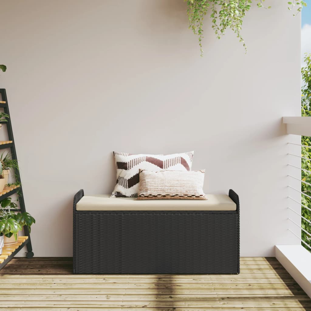 vidaXL Ławka ze schowkiem i poduszką, czarna, 115x51x52 cm, polirattan
