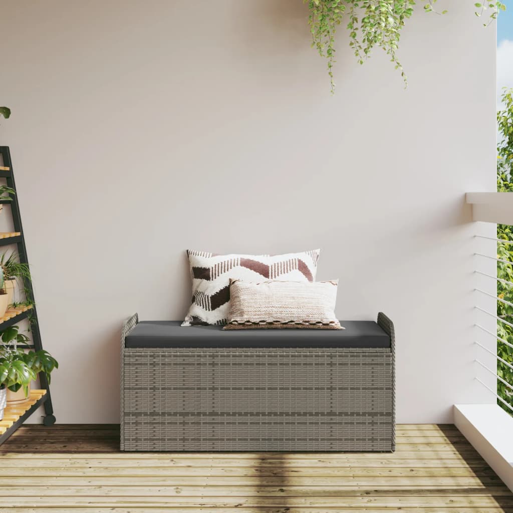 vidaXL Ławka ze schowkiem i poduszką, szara, 115x51x52 cm, polirattan