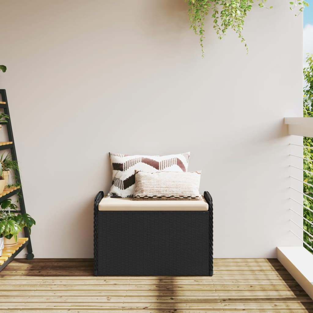 vidaXL Ławka ze schowkiem i poduszką, czarna, 80x51x52 cm, polirattan