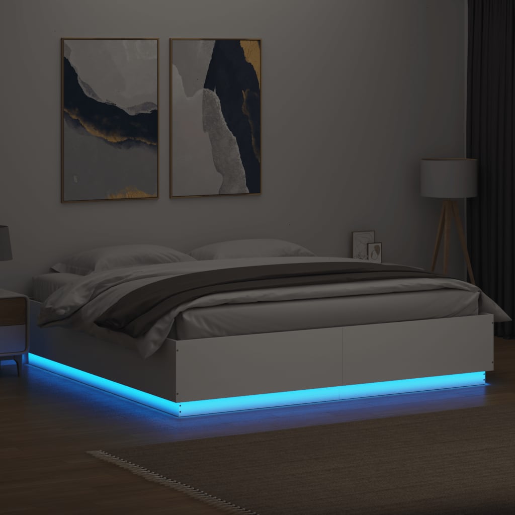 vidaXL Rama łóżka z LED, biała, 200x200 cm, materiał drewnopochodny