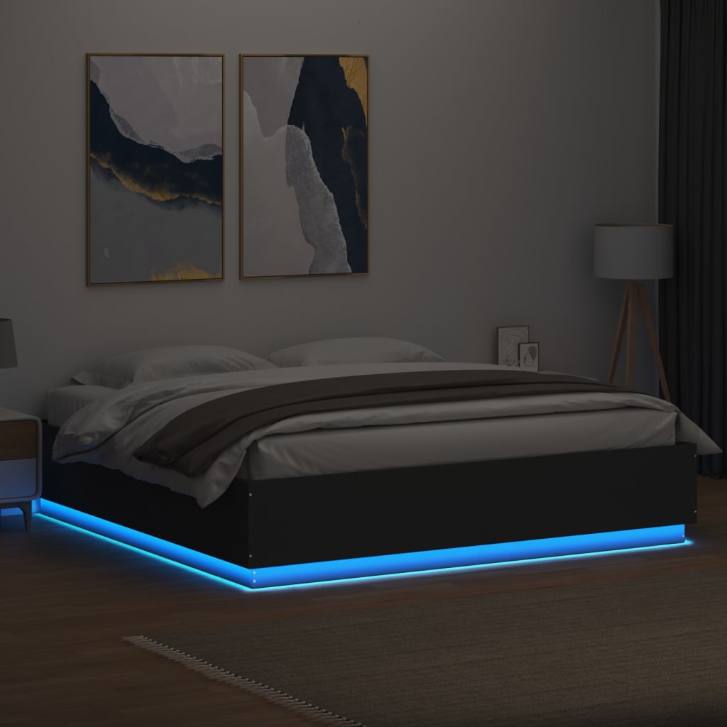 vidaXL Rama łóżka z LED, czarna, 200x200 cm, materiał drewnopochodny