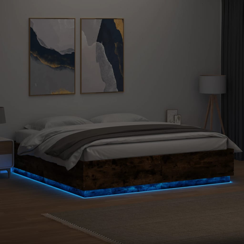 vidaXL Rama łóżka z LED, przydymiony dąb, 200x200 cm