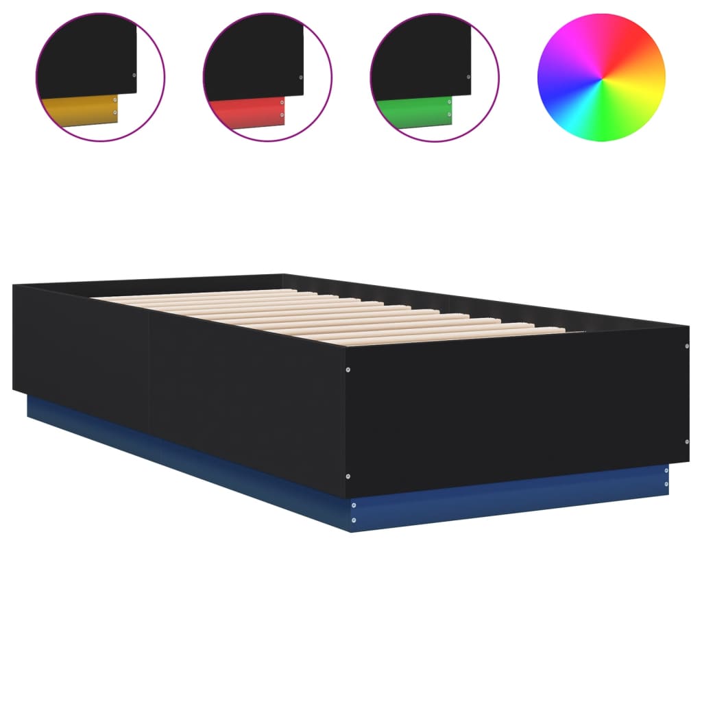 vidaXL Rama łóżka z LED, czarna, 90x200 cm, materiał drewnopochodny