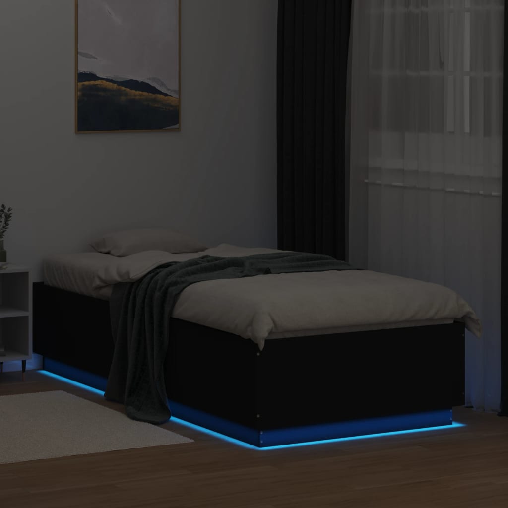 vidaXL Rama łóżka z LED, czarna, 90x200 cm, materiał drewnopochodny