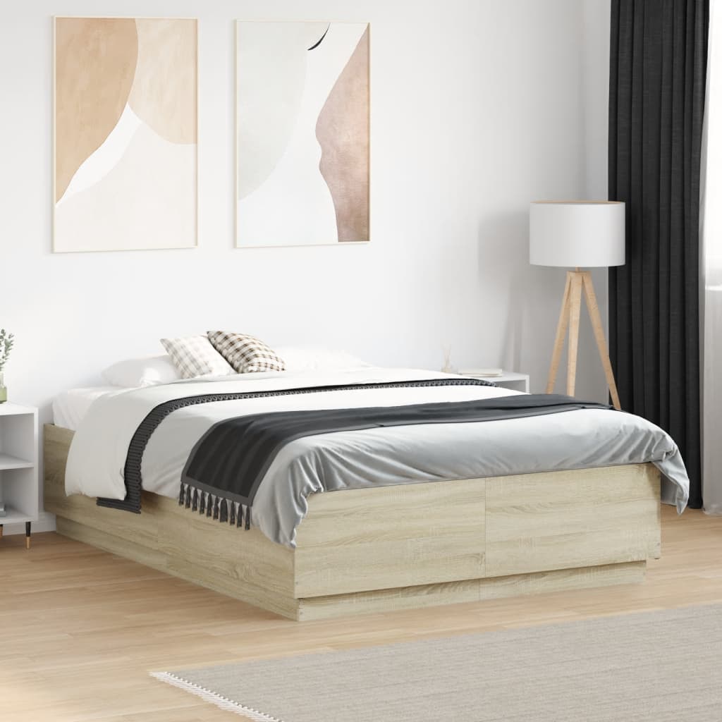 vidaXL Rama łóżka z LED, dąb sonoma, 140x190 cm