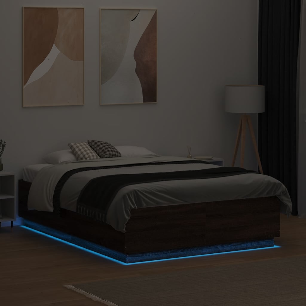 vidaXL Rama łóżka z LED, brązowy dąb, 140x190 cm