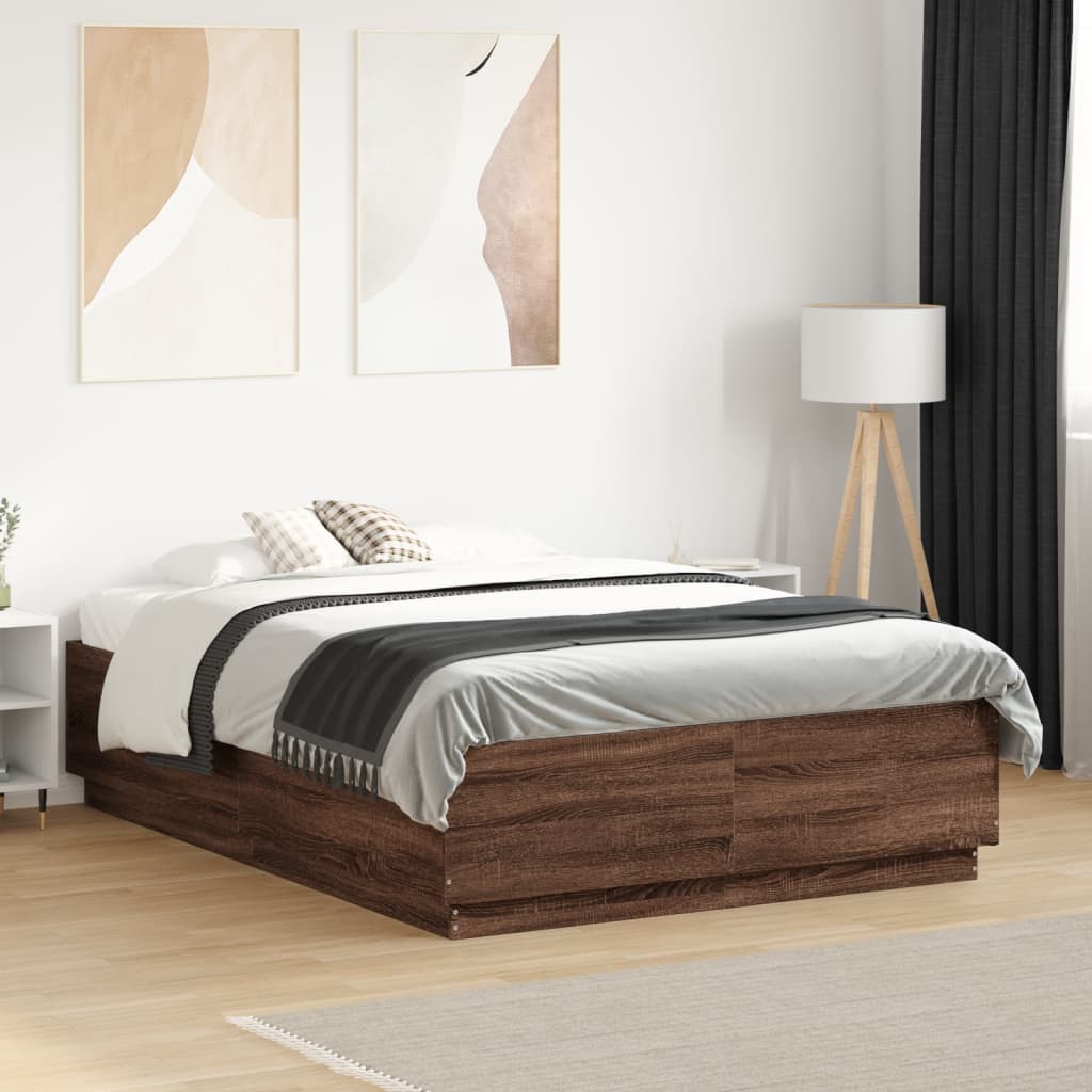 vidaXL Rama łóżka z LED, brązowy dąb, 140x190 cm
