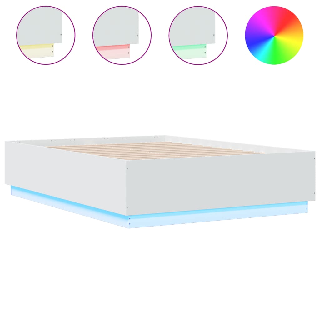 vidaXL Rama łóżka z LED, biała, 135x190 cm, materiał drewnopochodny