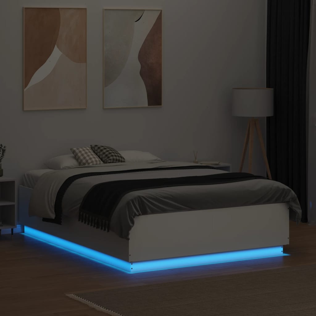 vidaXL Rama łóżka z LED, biała, 135x190 cm, materiał drewnopochodny