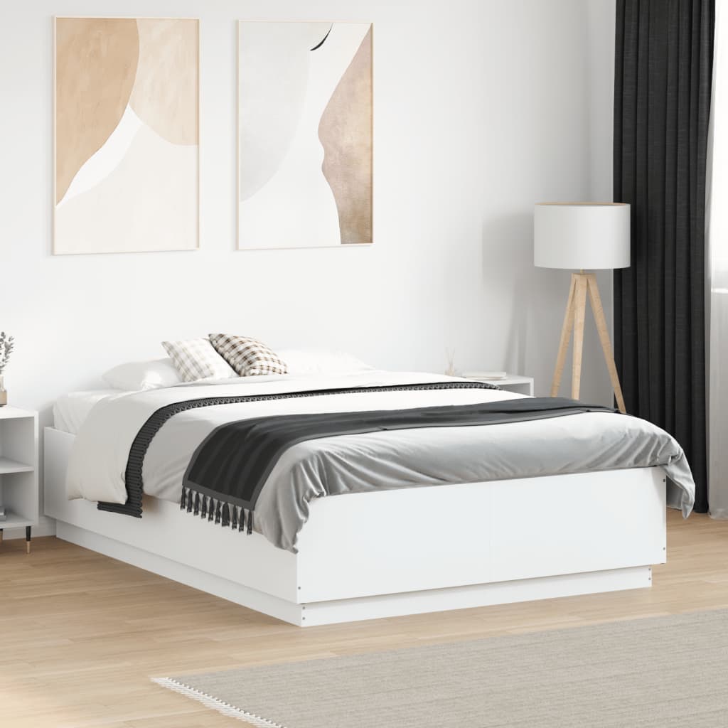 vidaXL Rama łóżka z LED, biała, 135x190 cm, materiał drewnopochodny