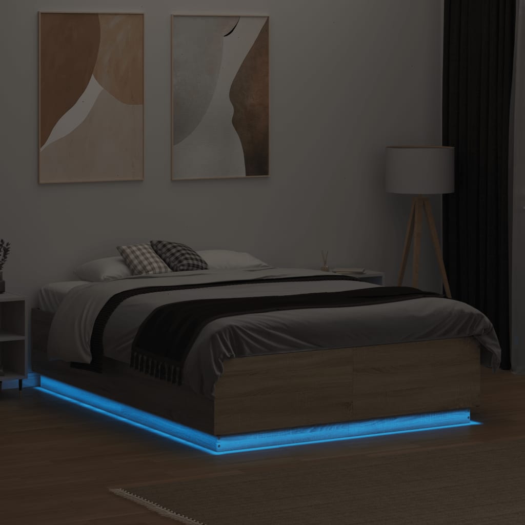 vidaXL Rama łóżka z LED, dąb sonoma, 135x190 cm