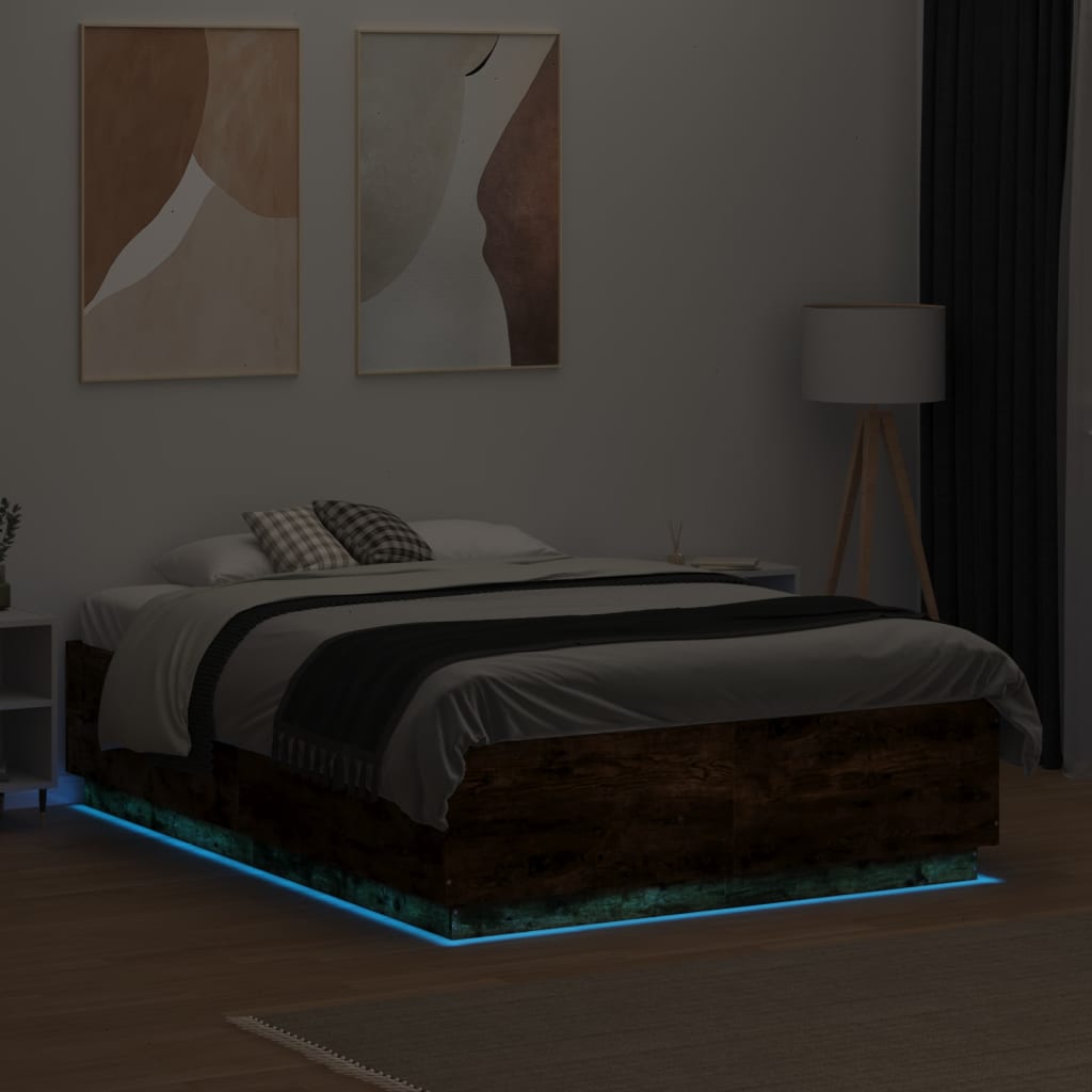 vidaXL Rama łóżka z LED, przydymiony dąb, 135x190 cm