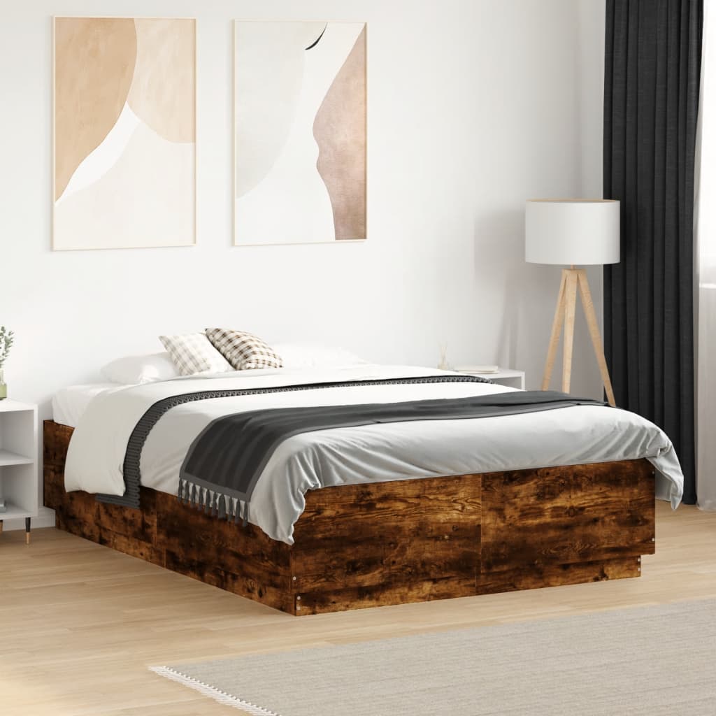vidaXL Rama łóżka z LED, przydymiony dąb, 135x190 cm