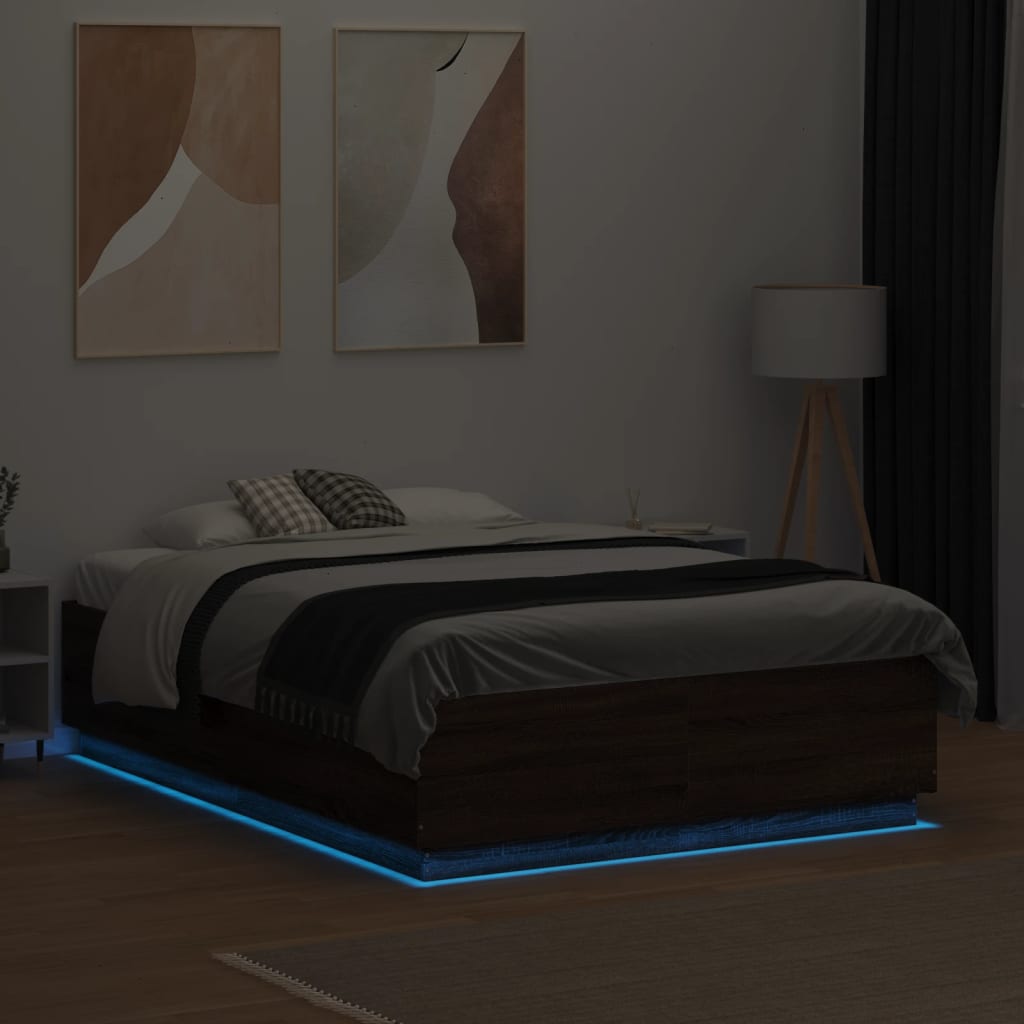 vidaXL Rama łóżka z LED, brązowy dąb, 135x190 cm