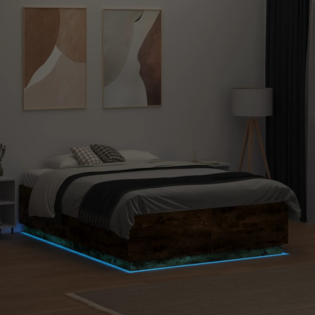 vidaXL Rama łóżka z LED, przydymiony dąb, 120x190 cm