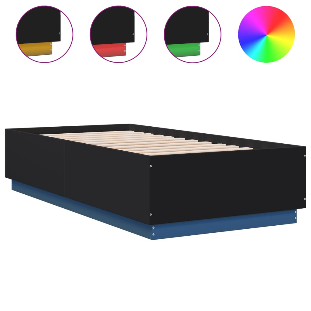 vidaXL Rama łóżka z LED, czarna, 90x190 cm, materiał drewnopochodny