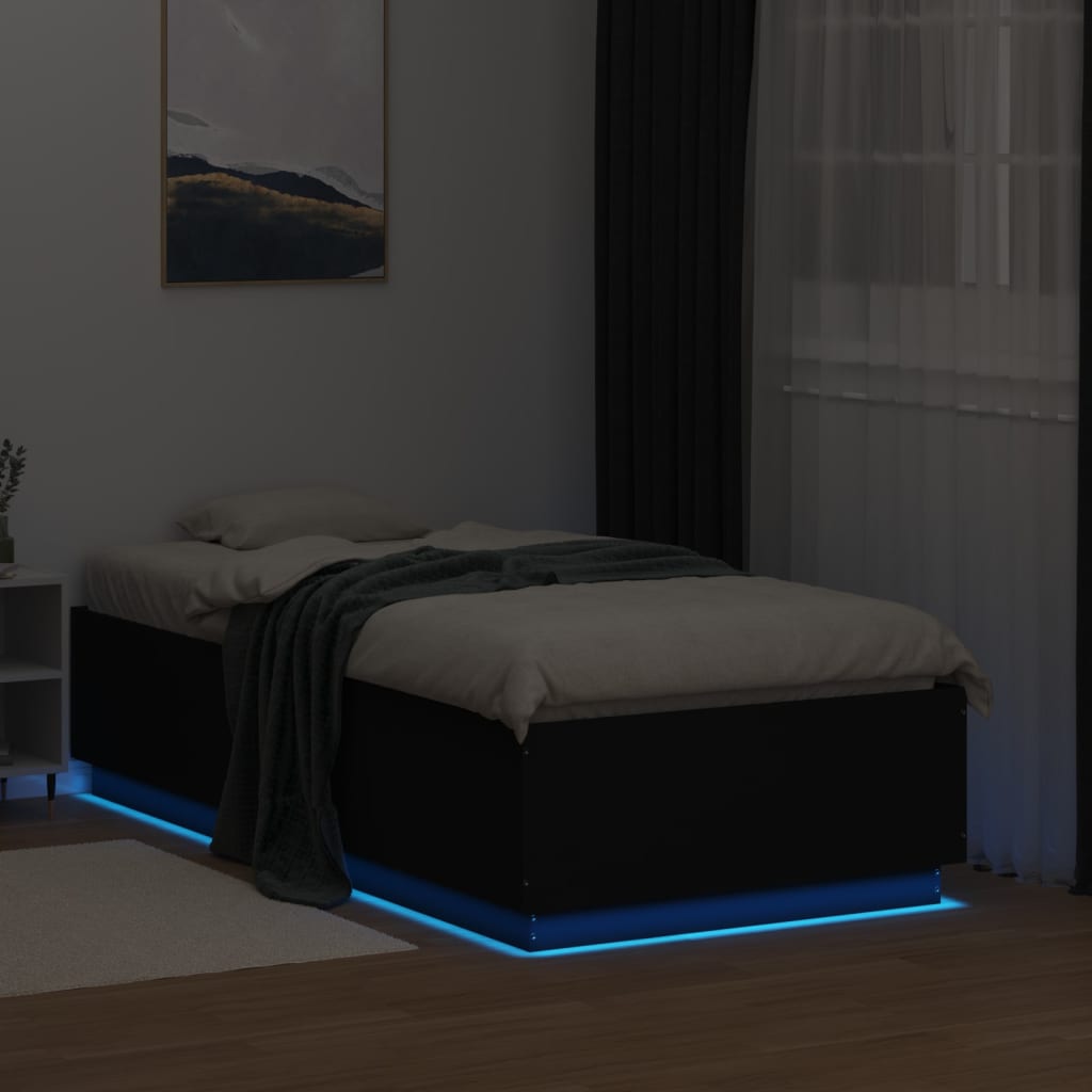 vidaXL Rama łóżka z LED, czarna, 90x190 cm, materiał drewnopochodny