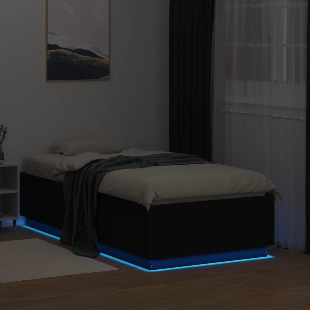 vidaXL Rama łóżka z LED, czarna, 75x190 cm, materiał drewnopochodny