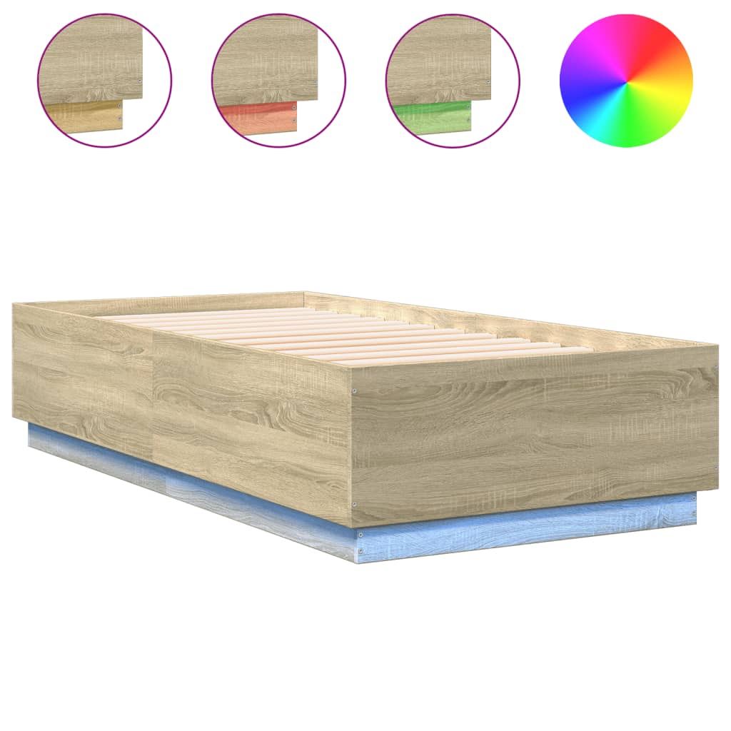 vidaXL Rama łóżka z LED, dąb sonoma, 75x190cm, materiał drewnopochodny