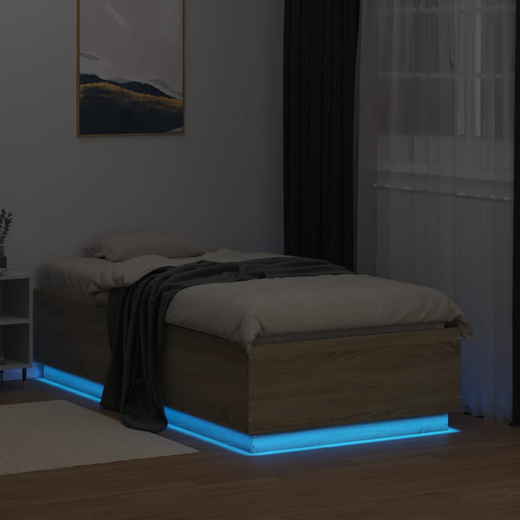 vidaXL Rama łóżka z LED, dąb sonoma, 75x190cm, materiał drewnopochodny
